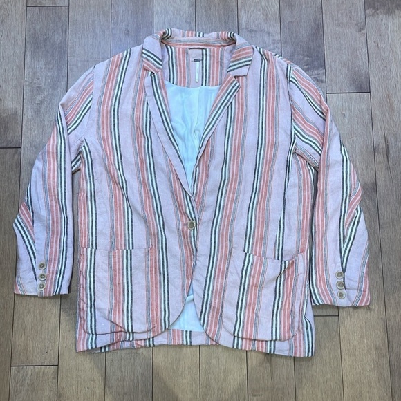 Free People Simply Stripe Blazer in Multi linen blend jacket oversized size XS - Picture 12 of 15